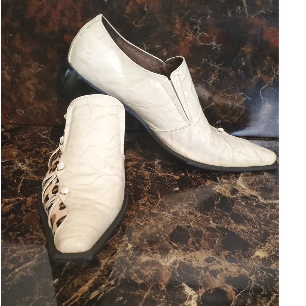 Fiesso Bone Leopard Hair Genuine Leather Loafer Shoes Narrow  Square Toe Size 12